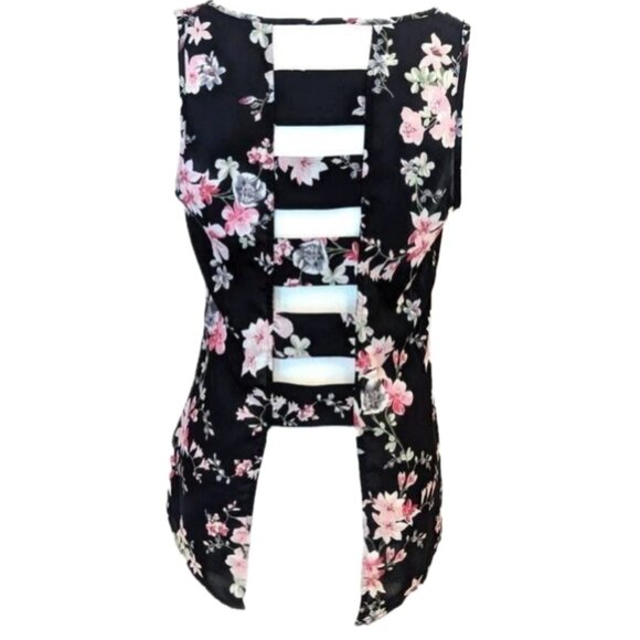 Express	| Open Ladder-Back Panels Floral Sleeveless Top Black | Size Small - Picture 4 of 10